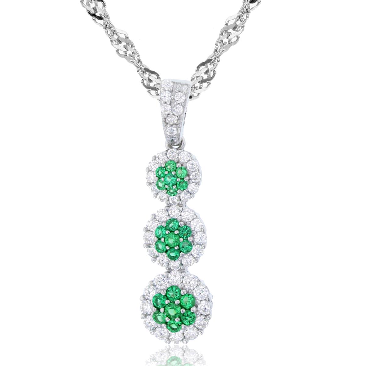 Sterling Silver Rhodium Rnd White & Emerald CZ Graduated Split Circles 18"+2" Singapore Chain Necklace