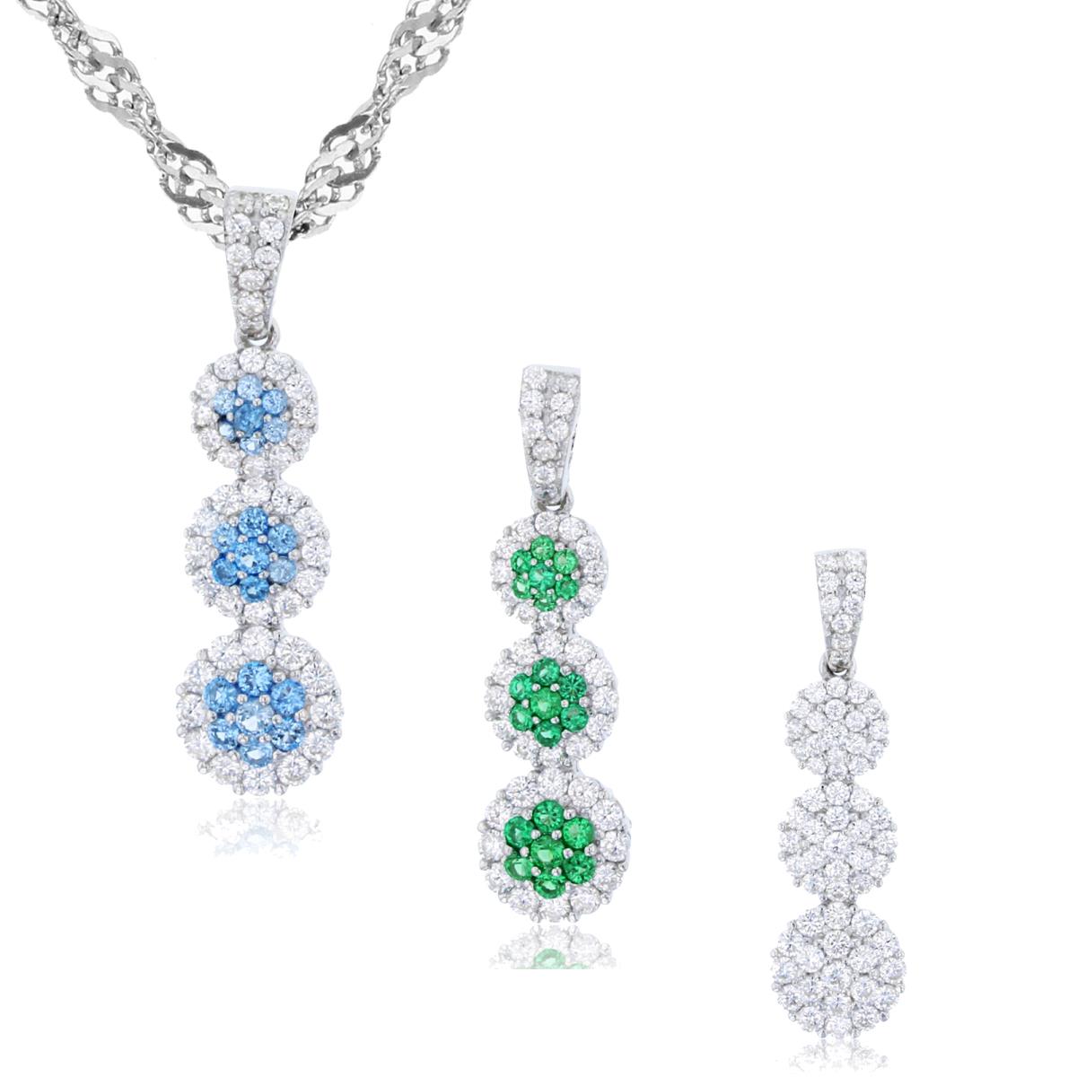 Sterling Silver Rhodium Rnd White/Green/Blue CZ Graduated Set Of 3 Pendants in 18"+2" Singapore Chain