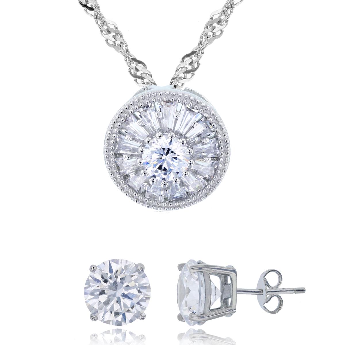 Sterling Silver Rhodium TB & Rnd CZ Circle 18"+2" Singapore Necklace & 8mm Rd Stud Earring Set