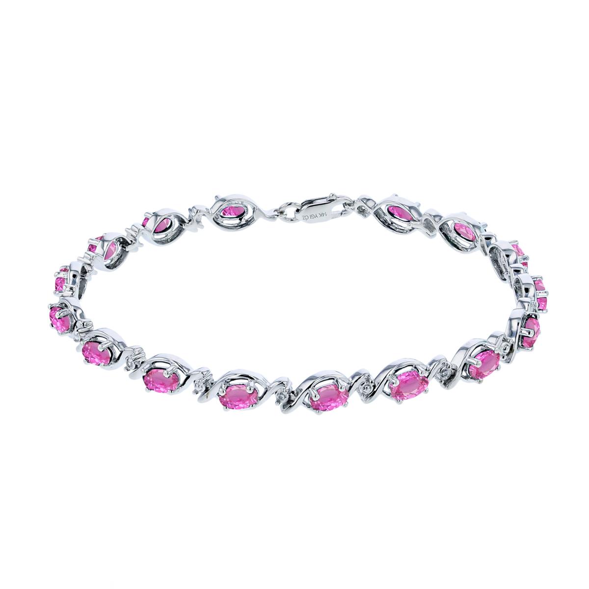 14K White Gold 0.05cttw Rnd Diamonds & 5X3mm Ov Created Pink Sapphire Invert Linked Bracelet