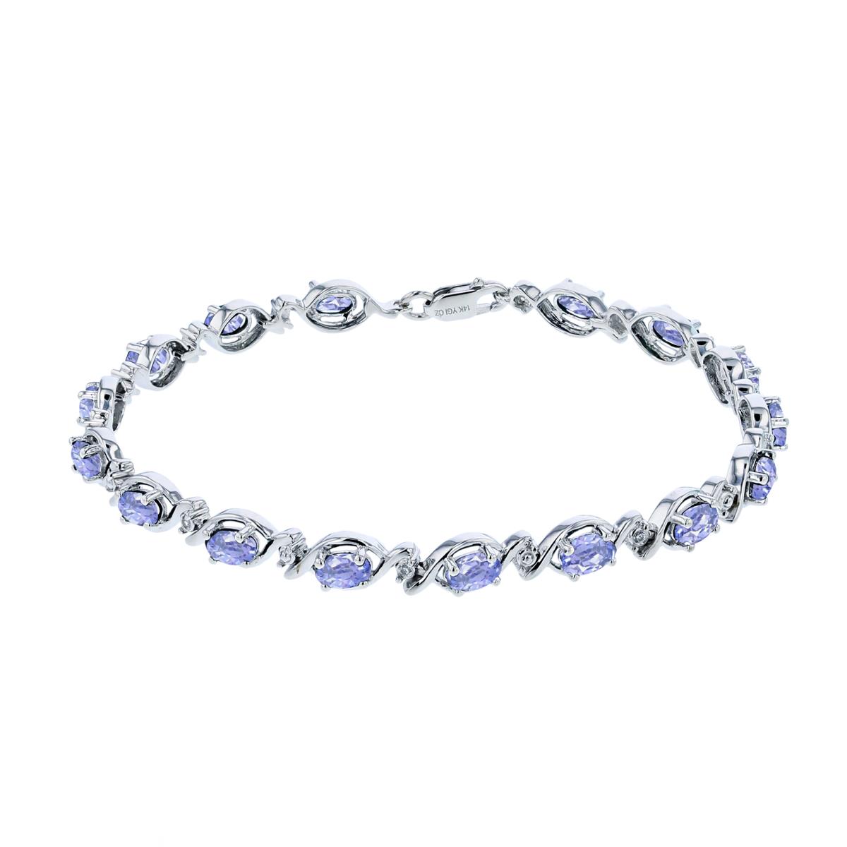 14K White Gold 0.05cttw Rnd Diamonds & 5X3mm Ov Cr. Ceylon Sapphire Invert Linked Bracelet