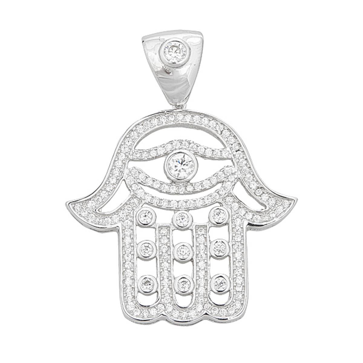 Sterling Silver Rhodium Pave Hamsa Dangling 18" Necklace