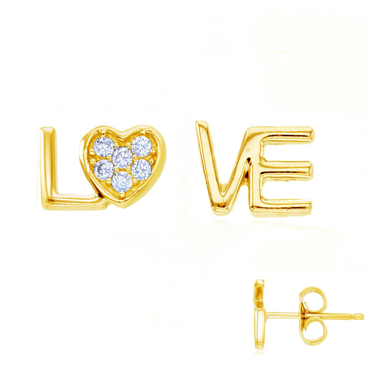Sterling Silver+1Micron Yellow Gold High Polished & Rnd White CZ "Love"Studs