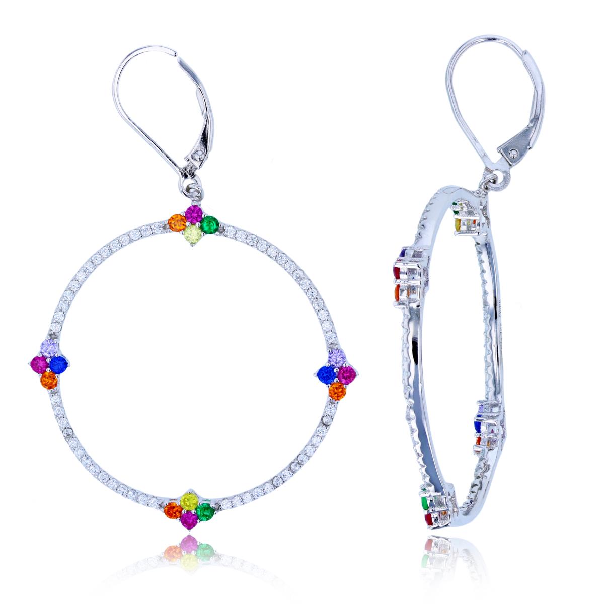 Sterling Silver Rhodium Rnd White & Multicolor CZ Open Circle Dangling Earrings