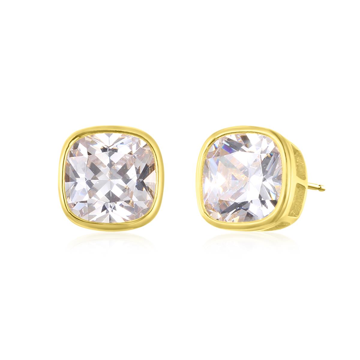 Sterling Silver+1Micron Yellow Gold 8mm Cushion CZ Bezel Studs