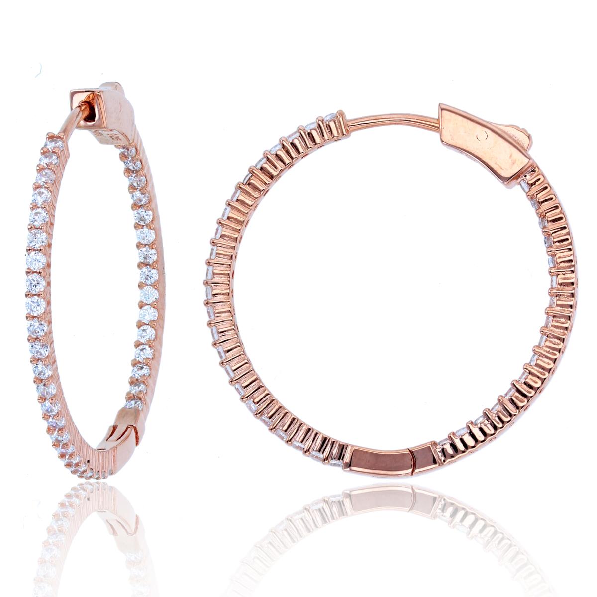 Sterling Silver+1Micron Rose Gold Rnd CZ 29x1.3mm Hoop Earrings