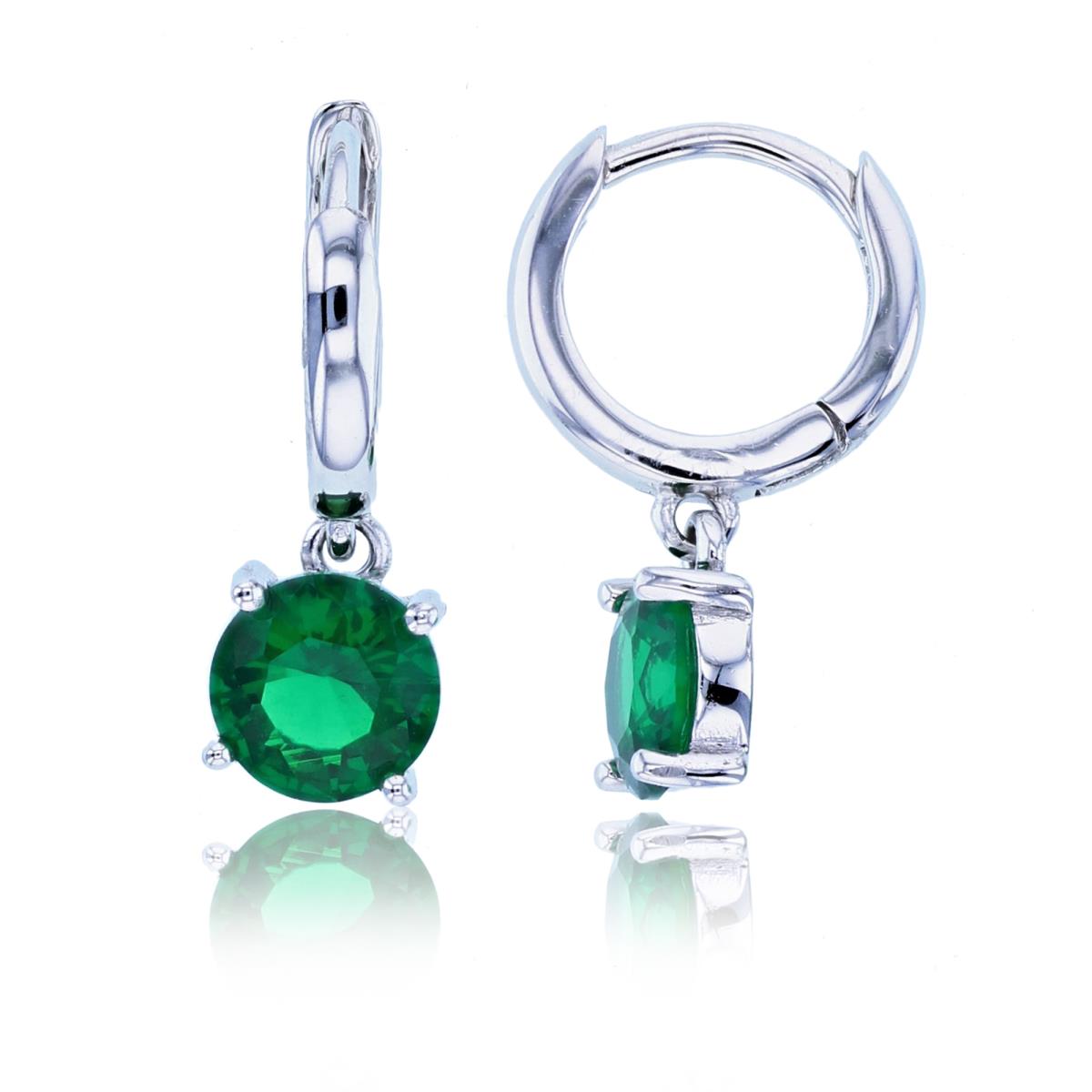 Sterling Silver Rhodium 6mm Rnd Emerald CZ Dangling on Huggie Top Earrings