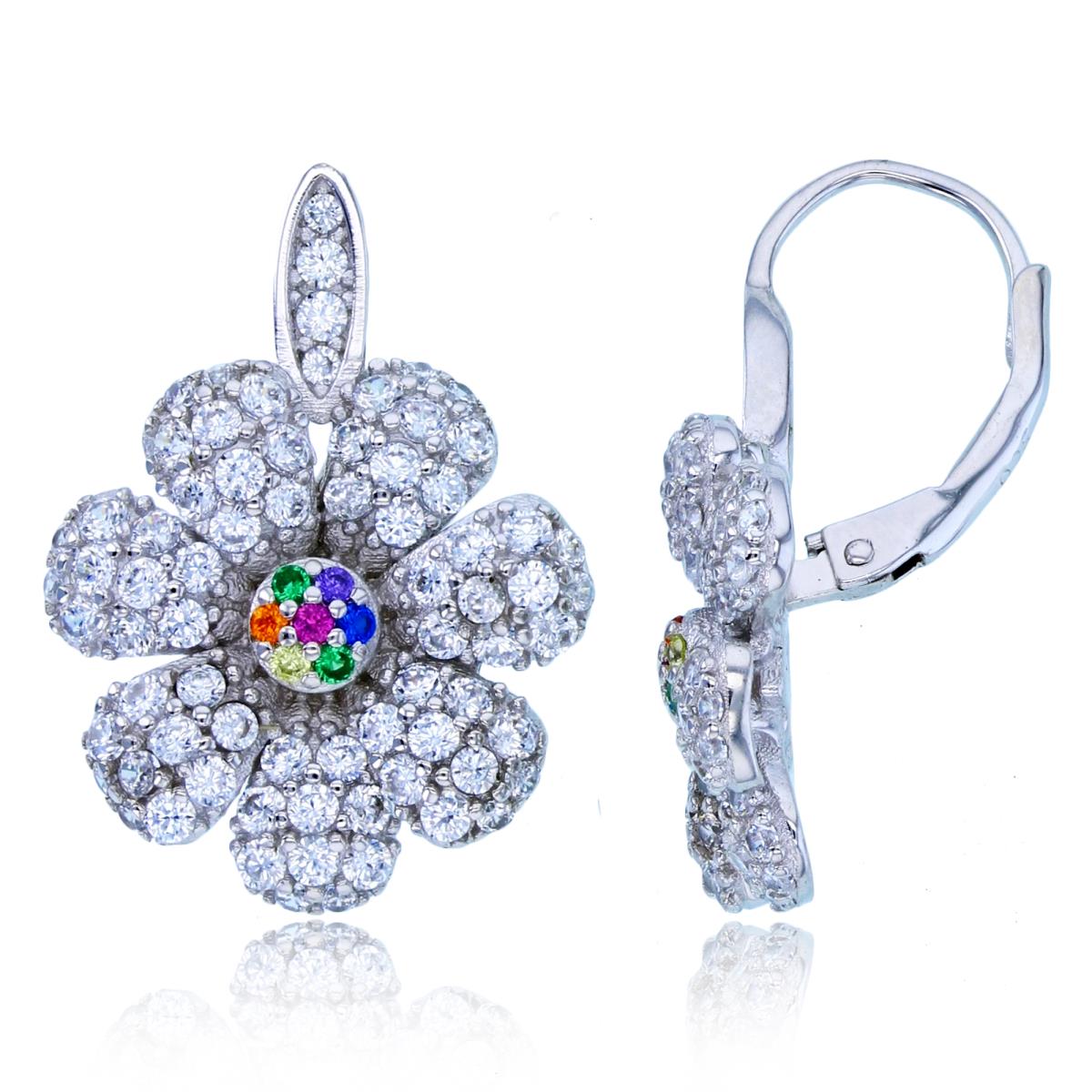 Sterling Silver Rhodium Rnd White & Multicolor CZ Pave Flower Earrings