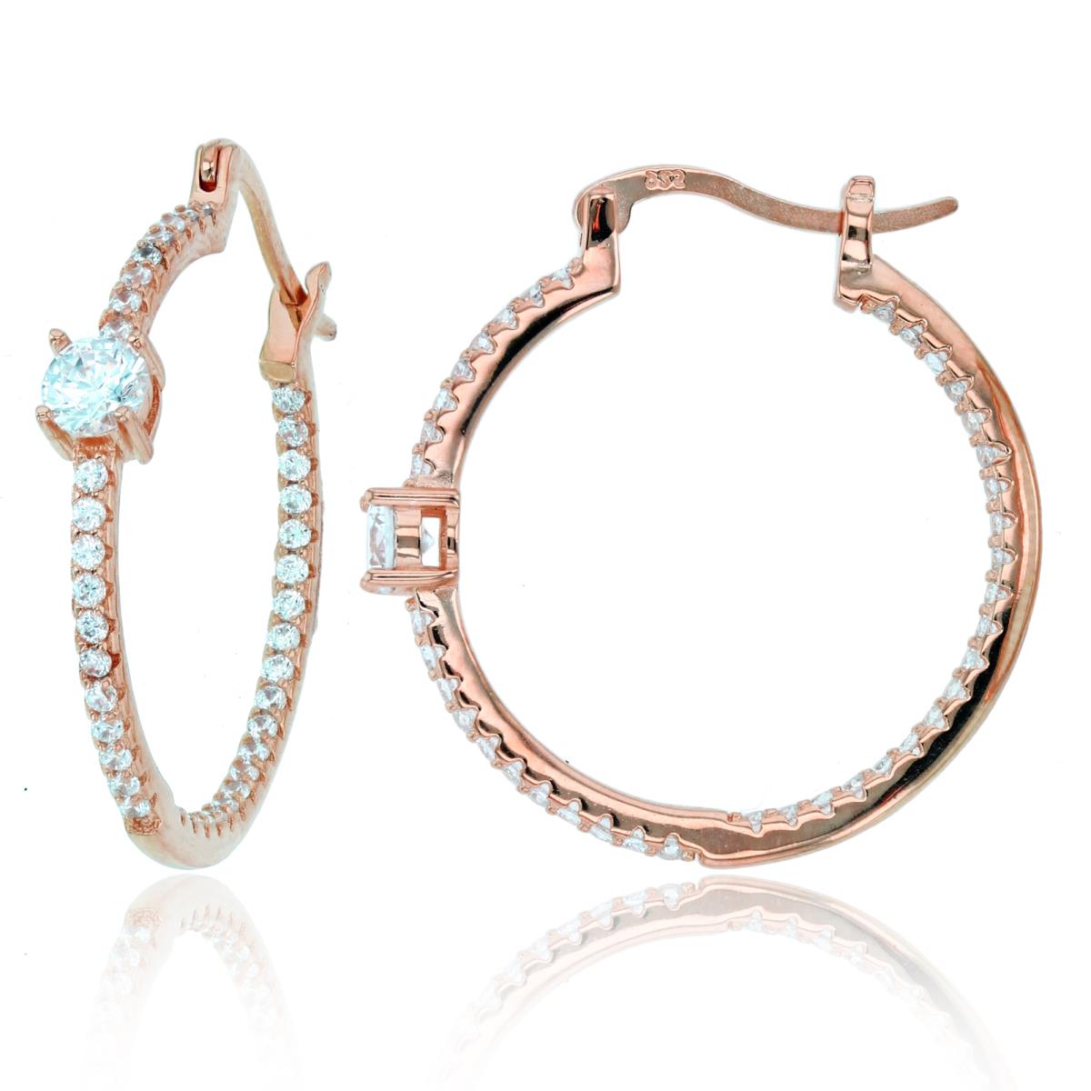 Sterling Silver Rose 4mm/1.25mm Rnd White CZ 27x4mm Hoop Earrings