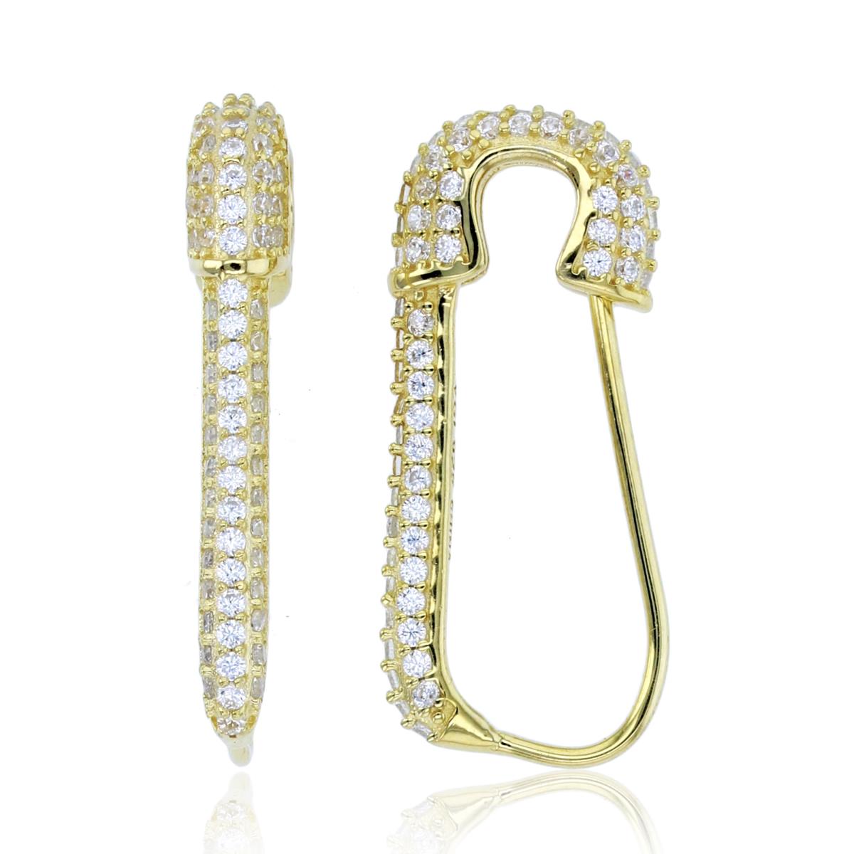 Sterling Silver+1Micron Yellow Gold Rnd White CZ "Safety Pin" Pave Earrings