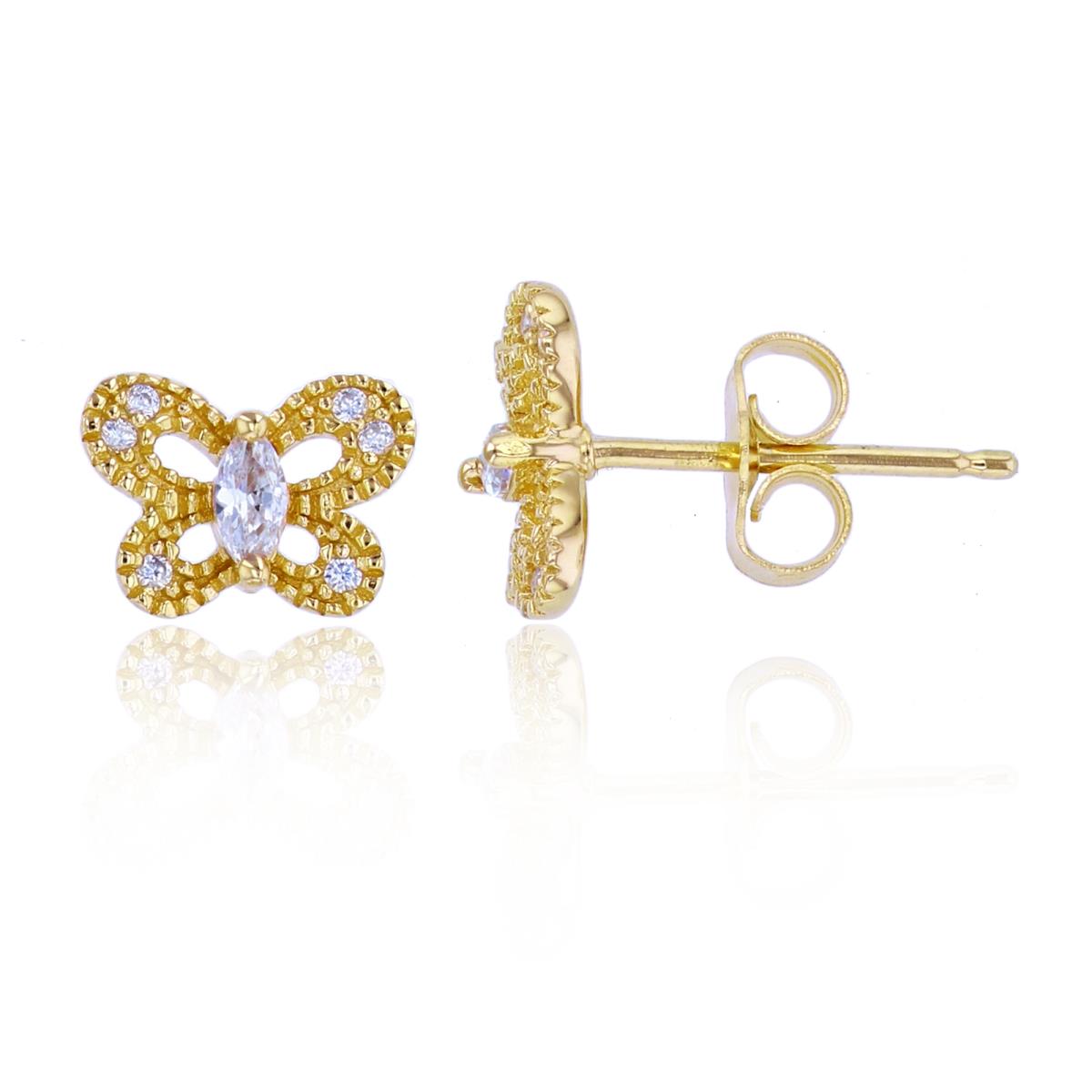 Sterling Silver+1Micron Yellow Gold Rnd & MQ CZ Butterfly Studs