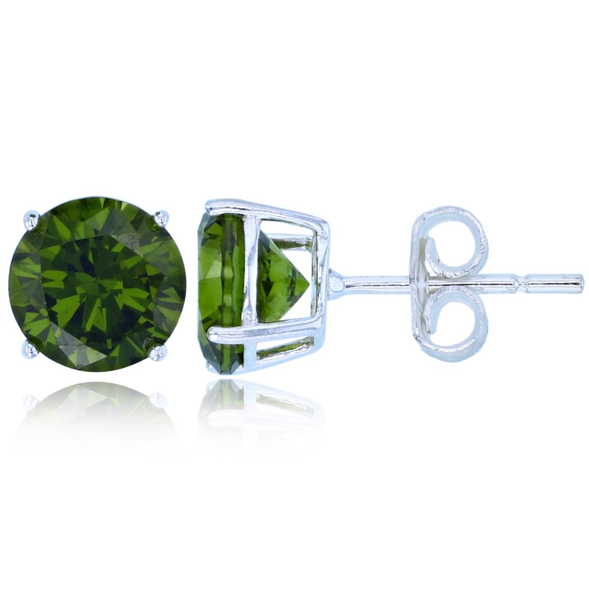 Sterling Silver Rhodium 8.00mm Olive CZ Round Solitaire Stud