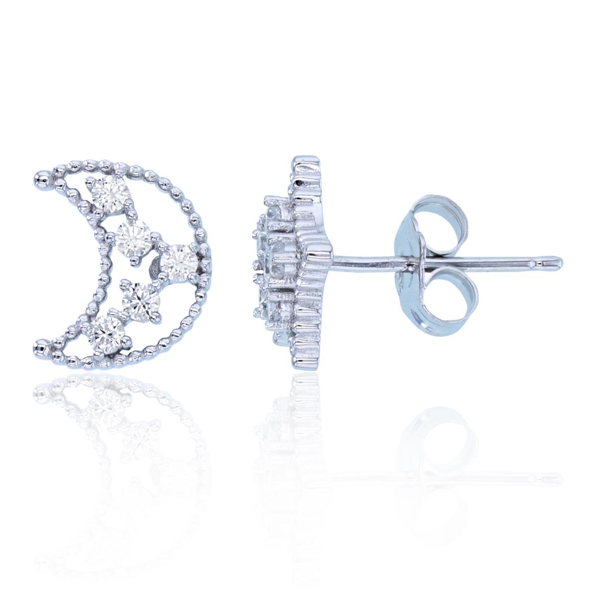 Sterling Silver Rhodium Rnd CZ Moon/Star Pave Beaded Studs