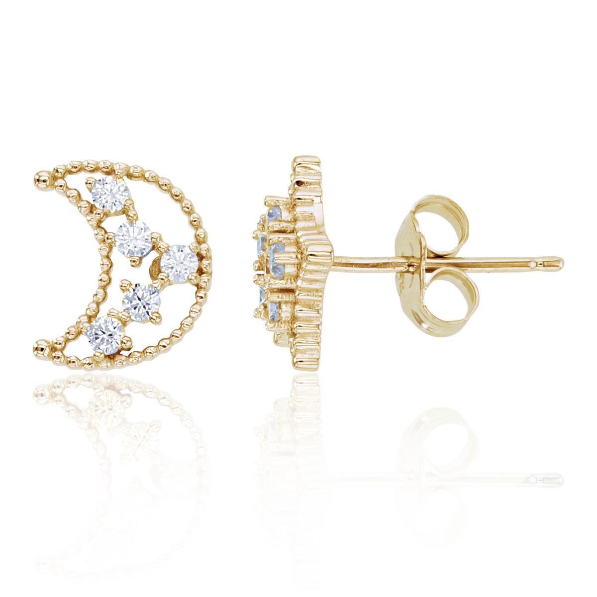 Sterling Silver+1Micron Yellow Gold Rnd CZ Moon/Star Pave Beaded Studs