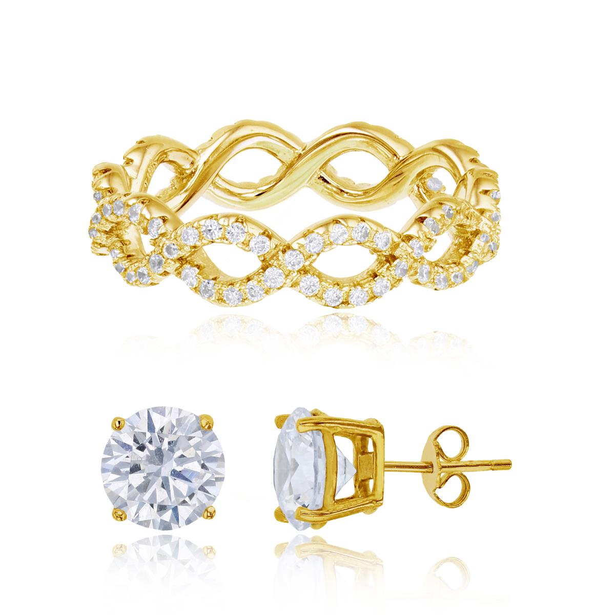 Sterling Silver+1Micron Yellow Gold Infinity Eternity Ring & 8mm AAA Round Solitaire Stud Earring Set