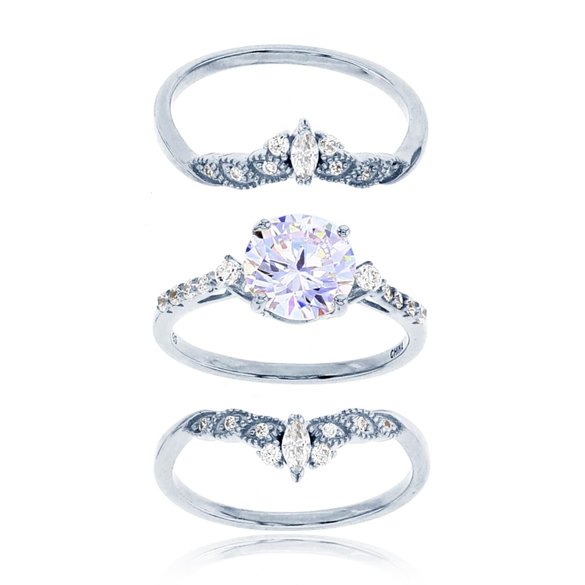 Sterling Silver Rhodium 8mm Rnd CZ Center Engagement Ring & Bands Set