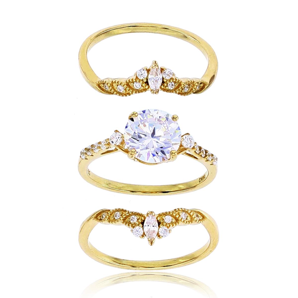 Sterling Silver+1Micron Yellow Gold 8mm Rnd CZ Center Engagement Ring & Bands Set