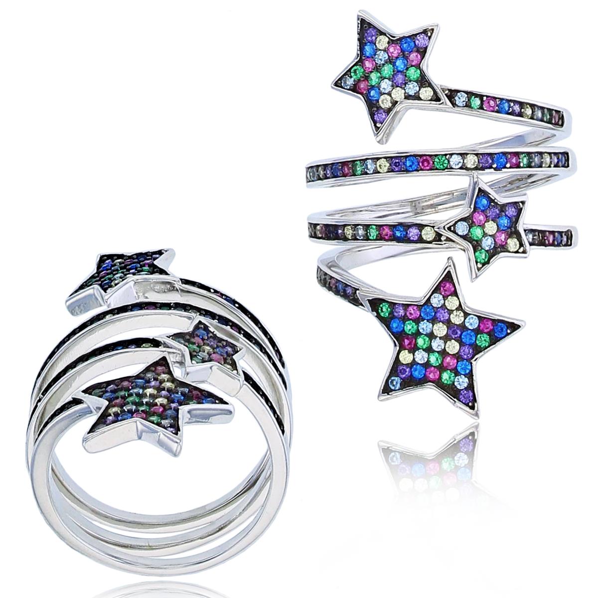 Sterling Silver Black & White  Rnd Multicolor CZ Stars Spiral Ring