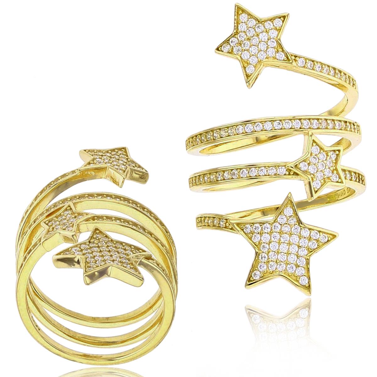 Sterling Silver+1Micron Yellow Gold Rnd White CZ Stars Spiral Ring