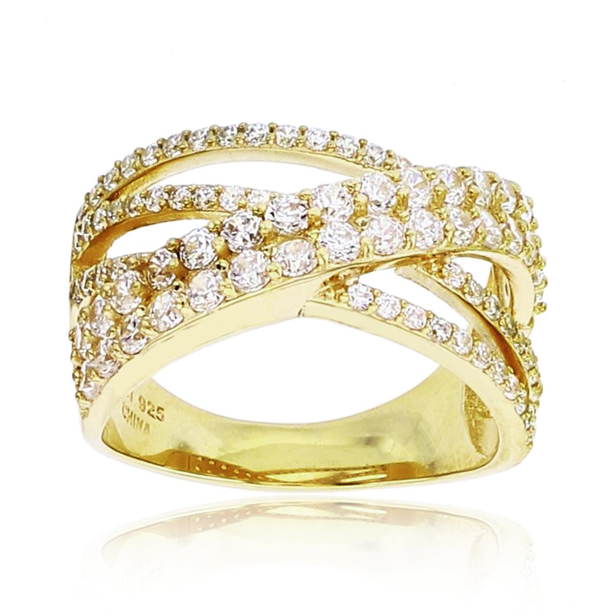 Sterling Silver+1Micron Yellow Gold Rnd White CZ Criss/Cross Rows Wide Band 