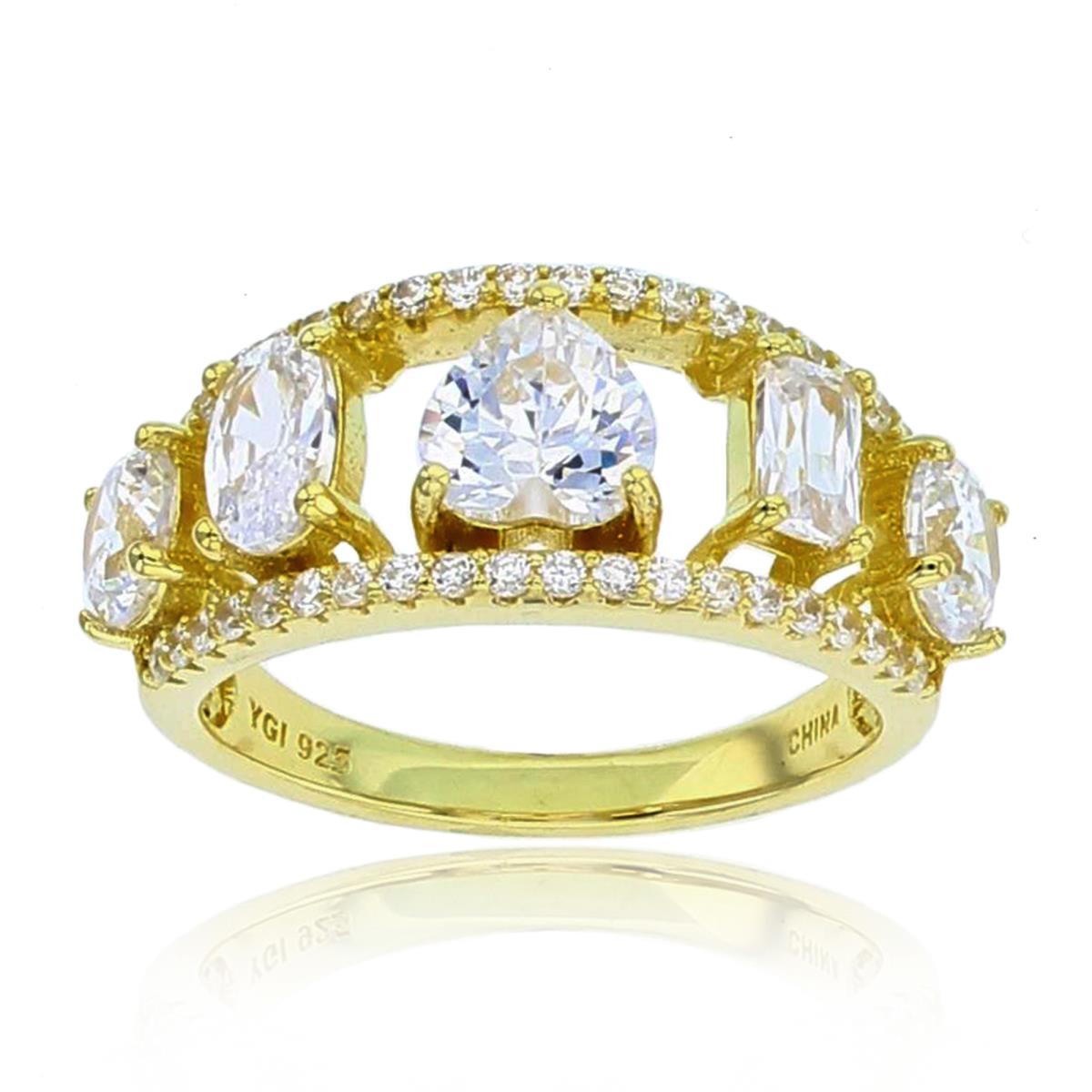 Sterling Silver+1Micron Yellow Gold Multishape CZ Wide Band 