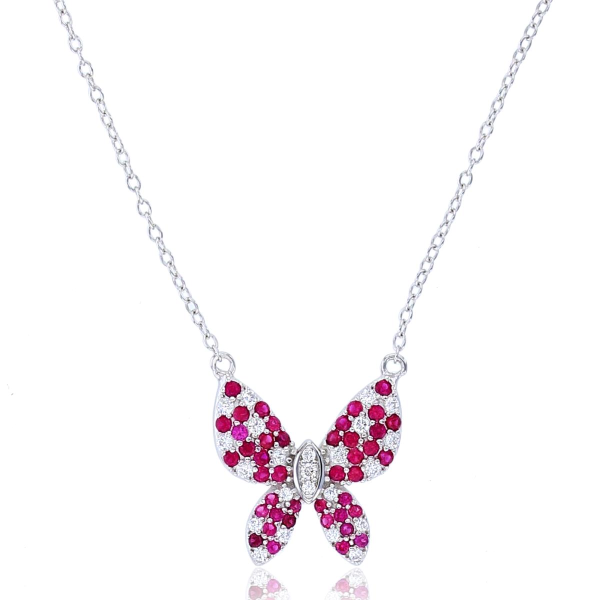 Sterling Silver Rhodium Rnd White & #8 Ruby CZ Butterfly 18"Necklace
