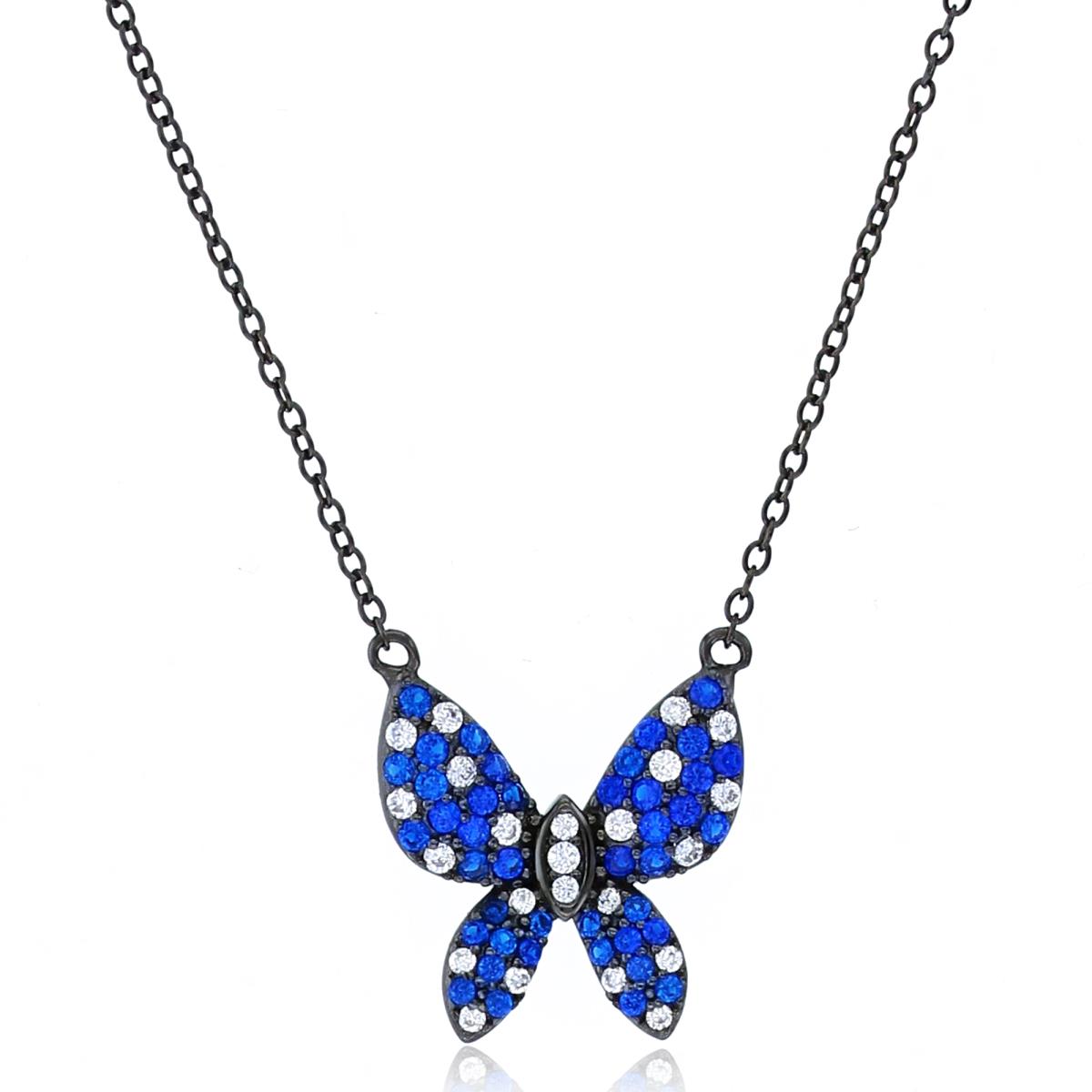 Sterling Silver Black Rnd White & #113 Blue CZ Butterfly 18"Necklace