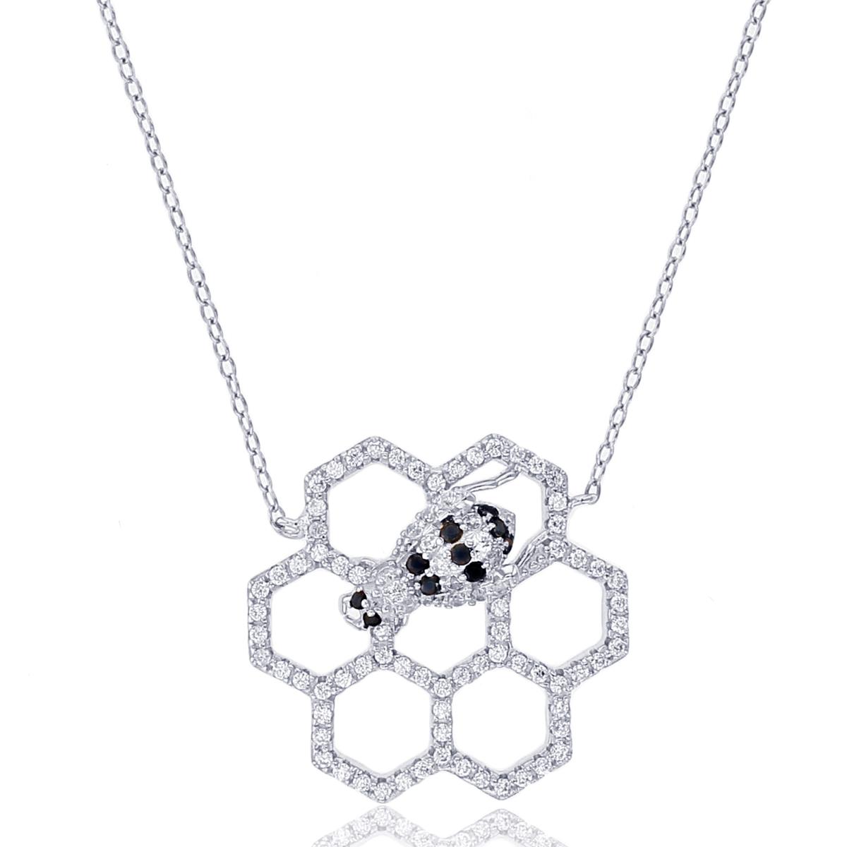 Sterling Silver Rhodium Rnd White/Black/Yellow CZ Honeycomb Bee 18"Necklace