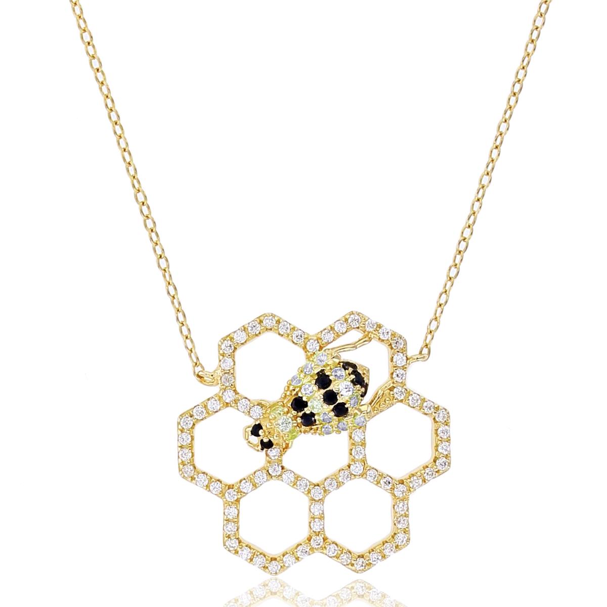 Sterling Silver+1Micron Yellow Gold Rnd White/Black/Yellow CZ Honeycomb Bee 18"Necklace