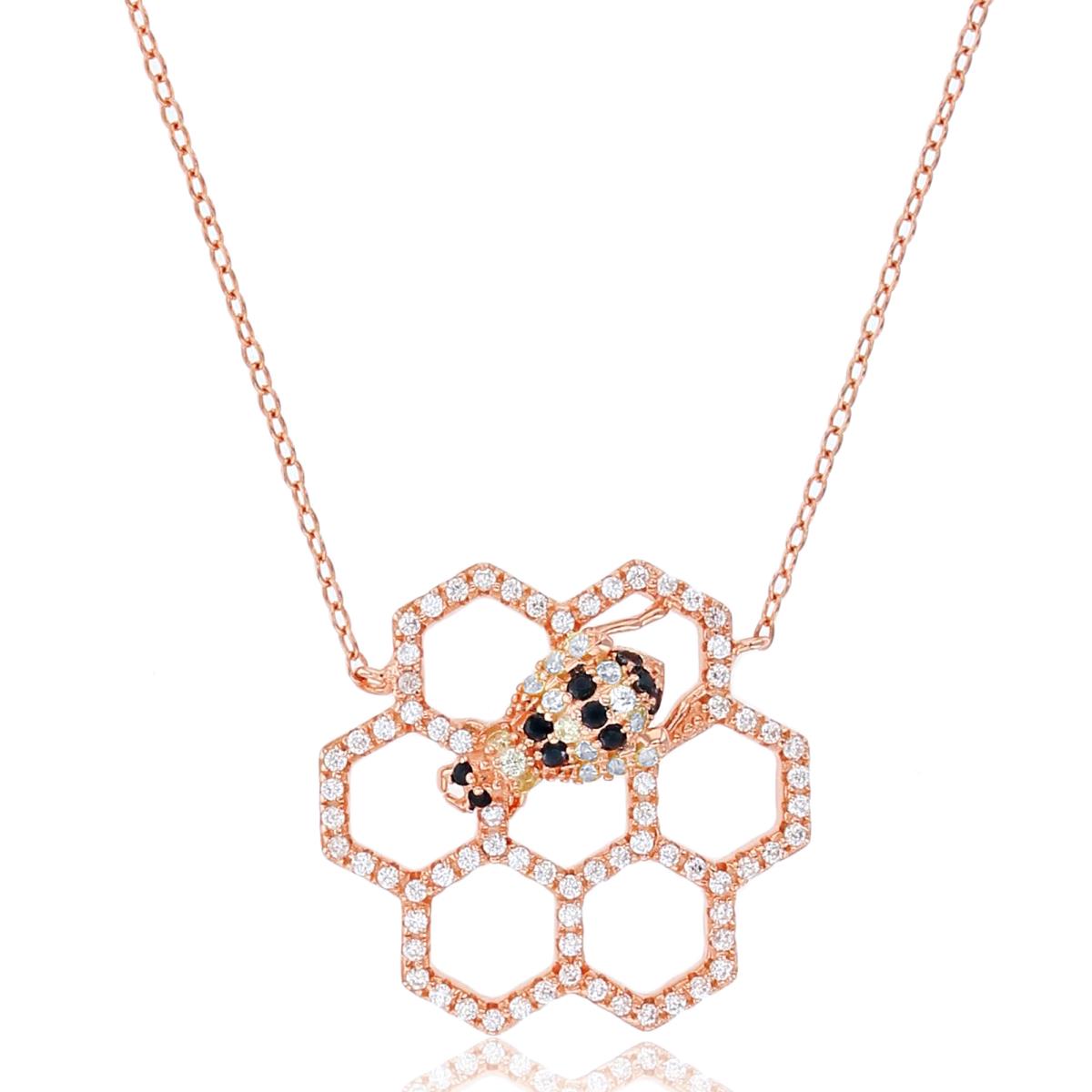 Sterling Silver+1Micron Rose Gold Rnd White/Black/Yellow CZ Honeycomb Bee 18"Necklace