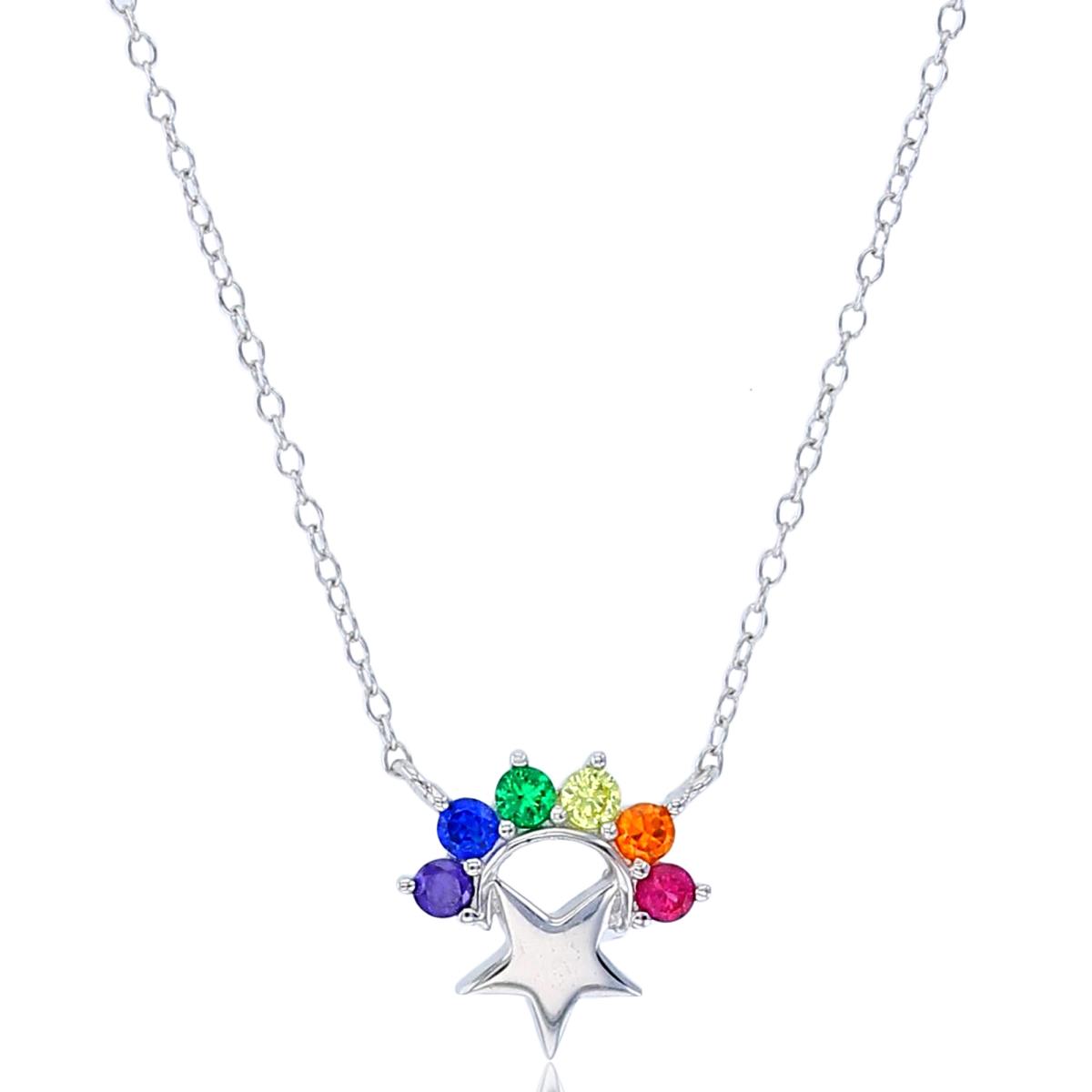 Sterling Silver Rhodium Rnd Multicolor CZ Moon & High Polish Star 18"Necklace