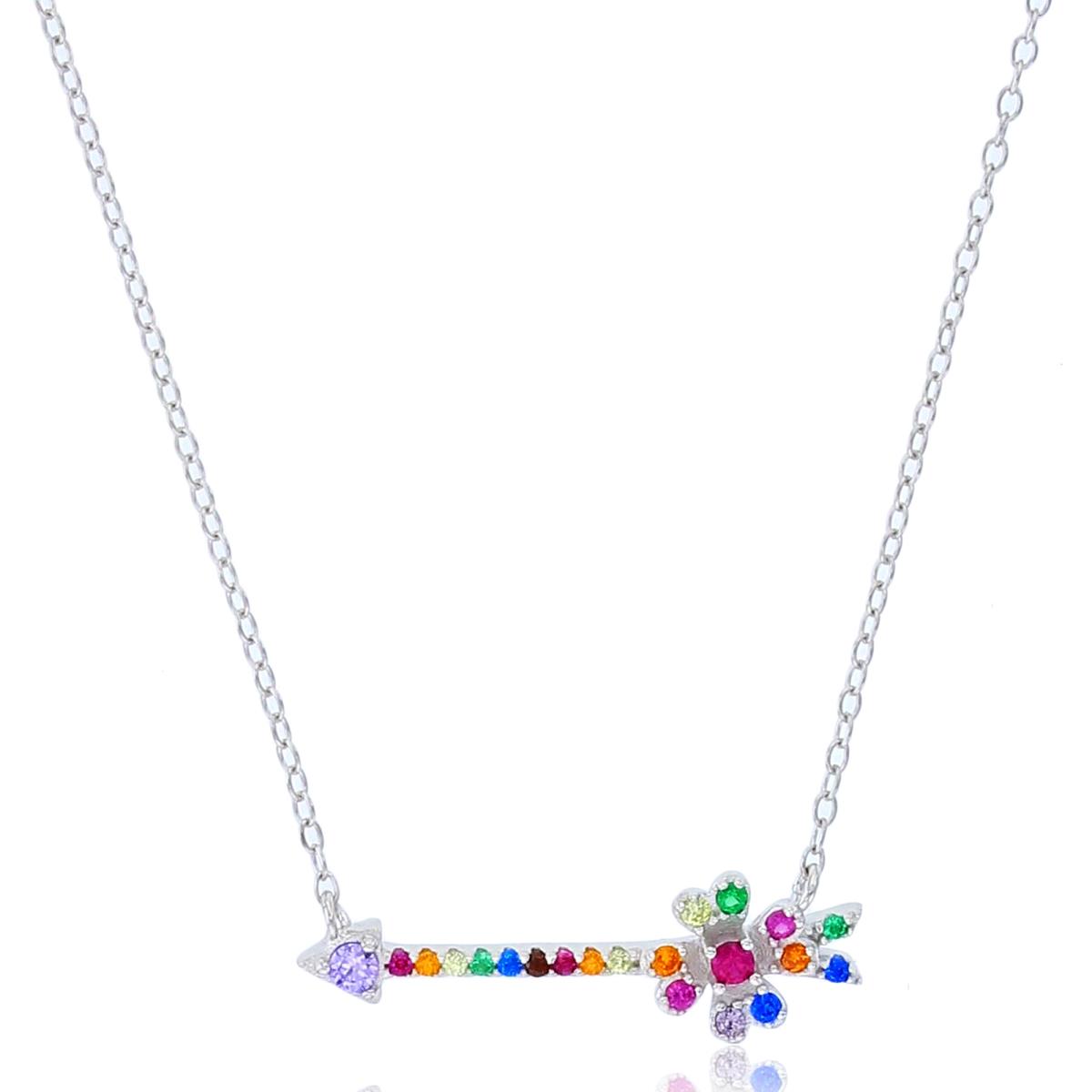 Sterling Silver Rhodium Rnd Multicolor CZ Arrow with Flower 18"Necklace