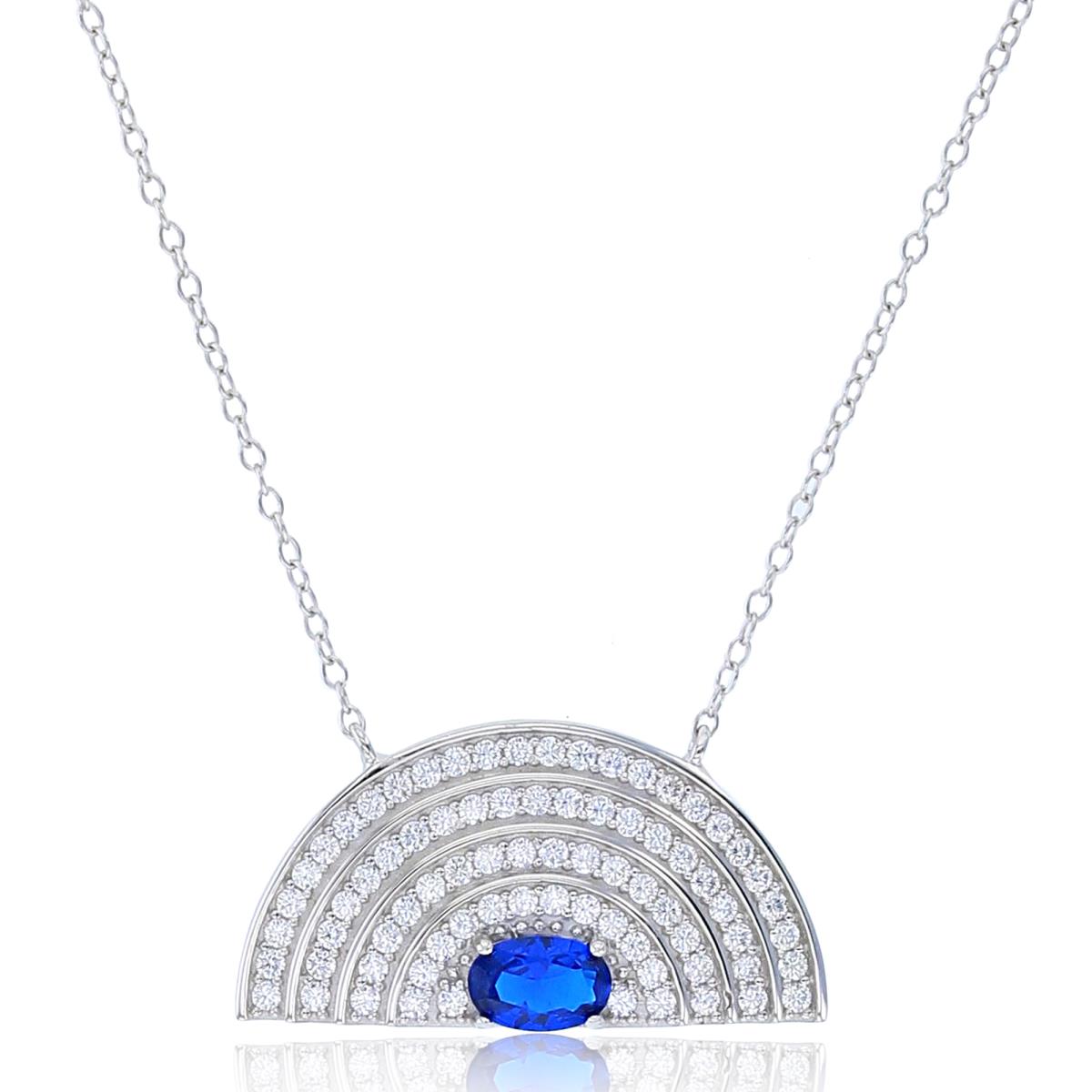 Sterling Silver Rhodium Rnd White & 6x4mm Ov #113 Blue Spinel CZ Half Circle 18"Necklace