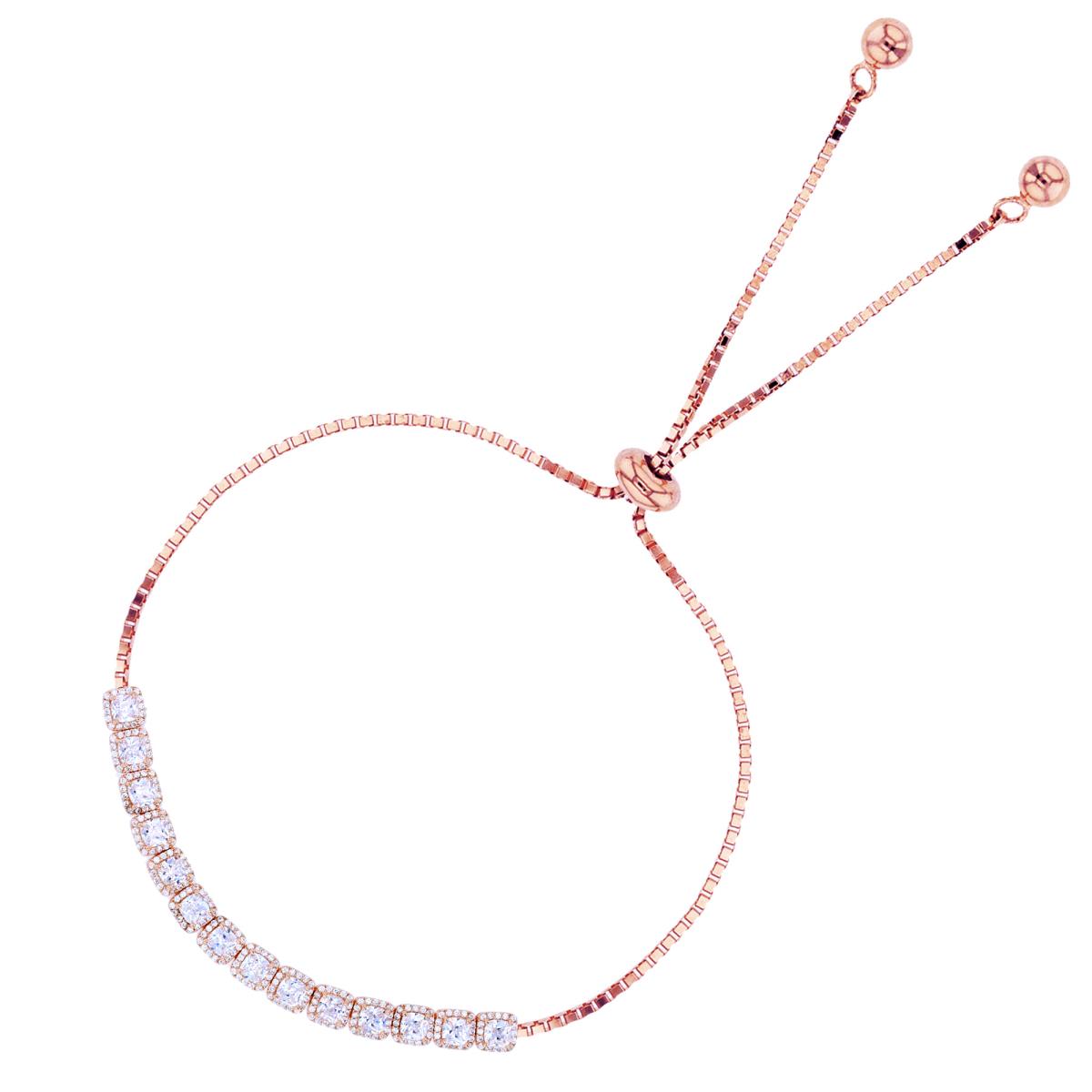 Sterling Silver+1Micron Rose Gold Rnd & 4mm Cushion White CZ Tennis Adjustable Bolo Bracelet