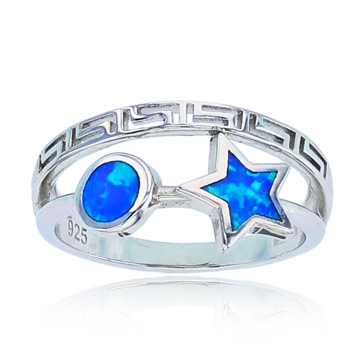 Sterling Silver Rhodium Inlay Cr Opal Star/Round Greek Key Ring
