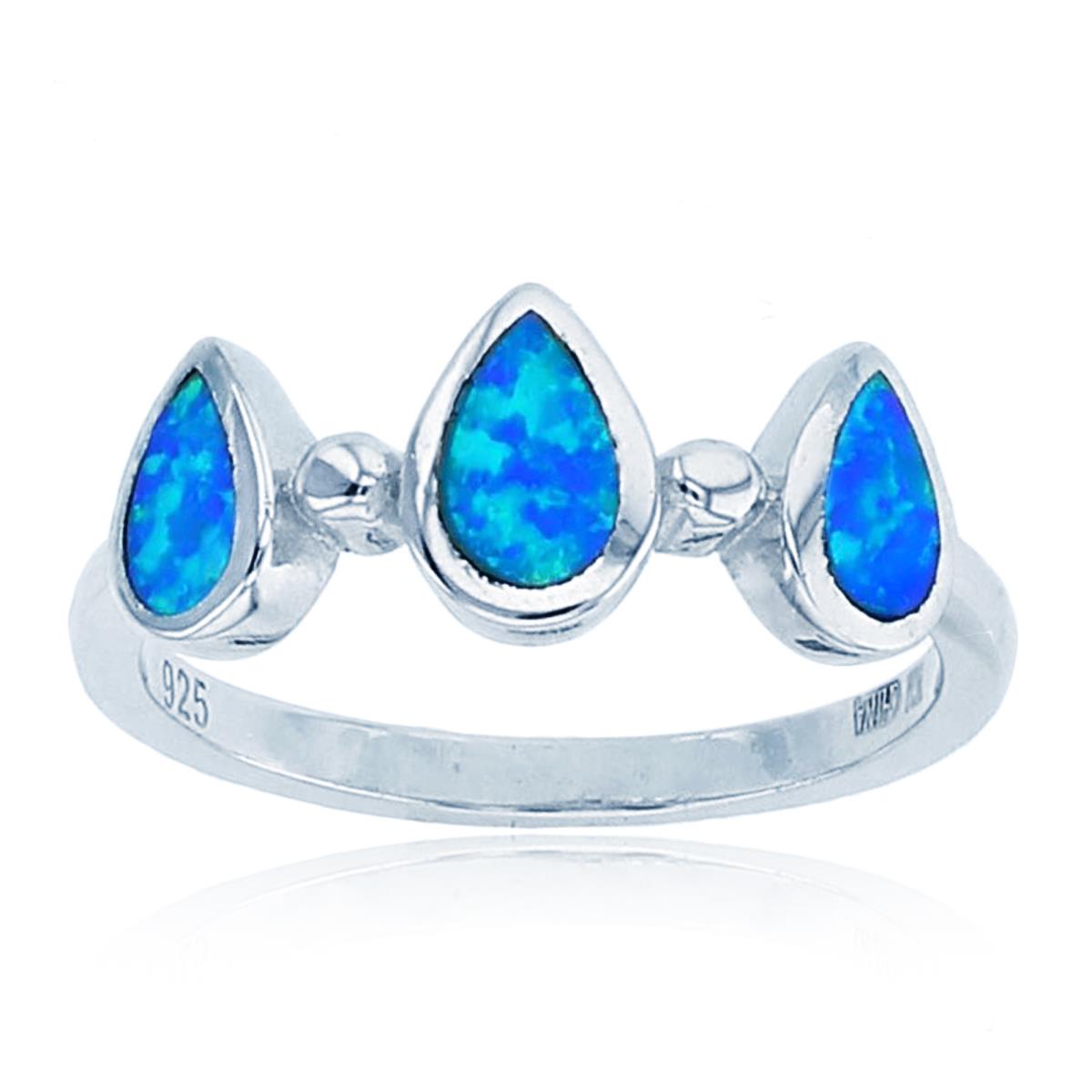 Sterling Silver Rhodium Triple Teardrop Inlay Cr Opal Fashion Ring