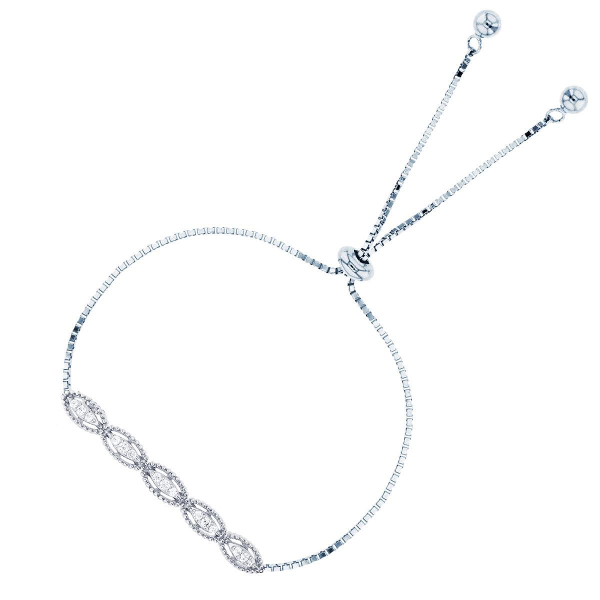Sterling Silver Rhodium Rnd CZ Beaded MQ-Twist Bar Adjustable Bolo Bracelet