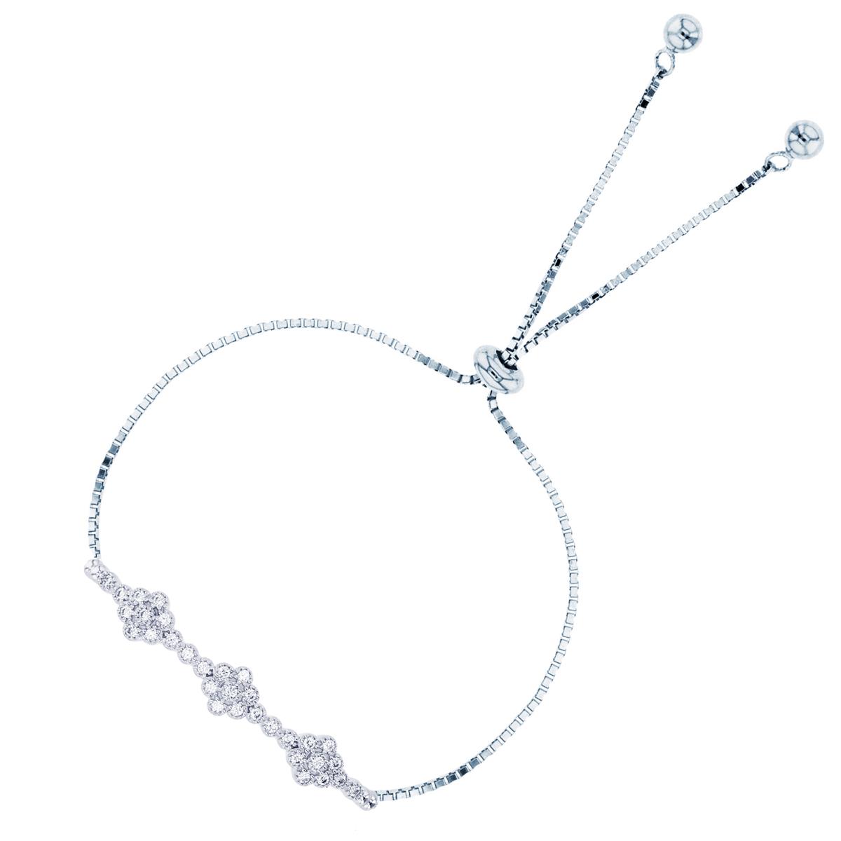 Sterling Silver Rhodium Rnd CZ Flowers Bar Milgrain Adjustable Bolo Bracelet