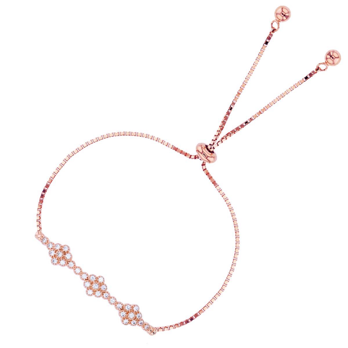 Sterling Silver Rose Rnd CZ Flowers Bar Milgrain Adjustable Bolo Bracelet