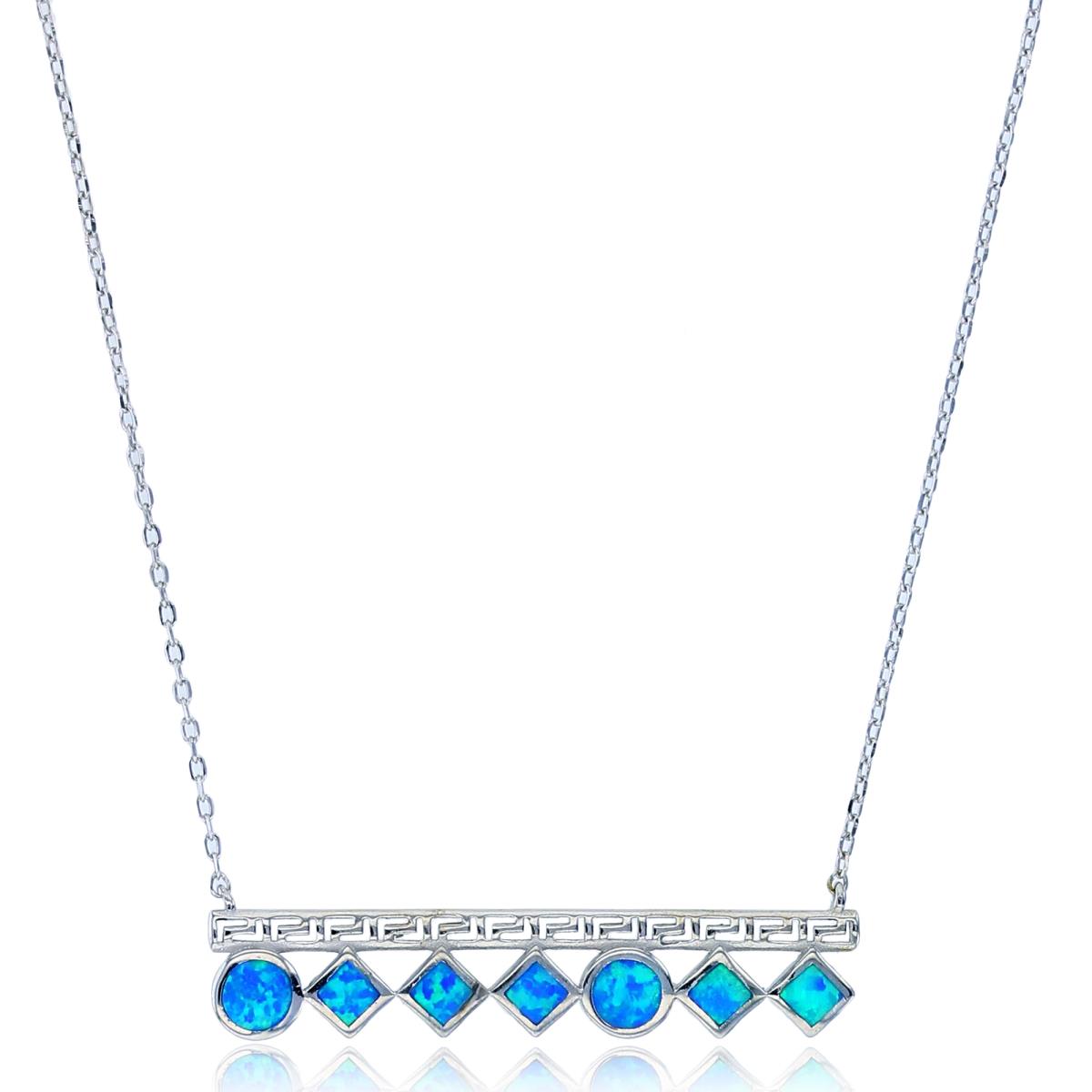 Sterling Silver Rhodium Inlay Cr Opal Rhombus/Circle Greek Key Bar 17.5"+2" Necklace