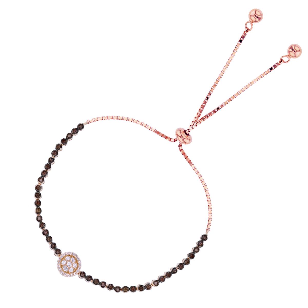 Sterling Silver+1Micron Rose Gold Rnd White & Brown CZ Circle Flexy Adjustable Bolo Bracelet