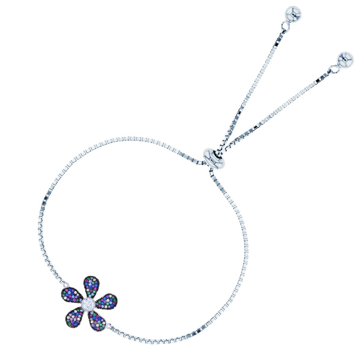 Sterling Silver Black/White Rnd Multicolor CZ Micropave Milgrain Flower Adjustable Bolo Bracelet