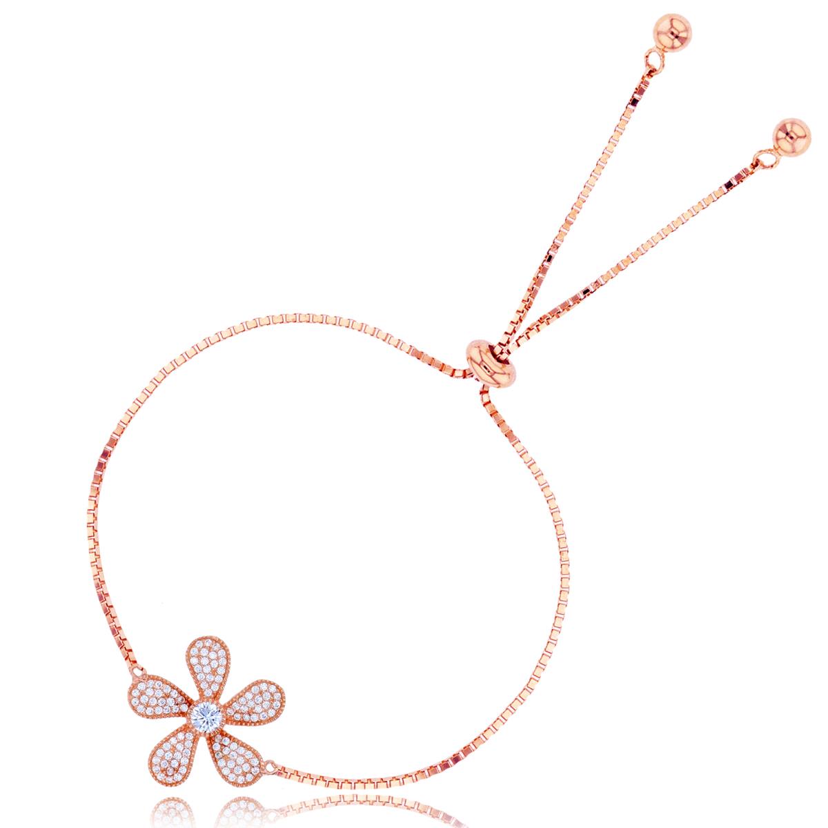 Sterling Silver+1Micron Rose Gold Rnd White CZ Micropave Milgrain Flower Adjustable Bolo Bracelet
