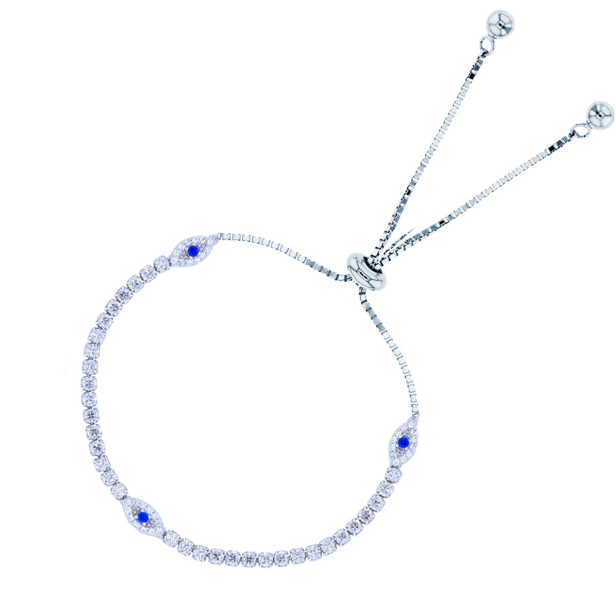 Sterling Silver Rhodium Rnd White & #113 Blue Spinel CZ Evil Eye Single Row Adjustable Bolo Bracelet