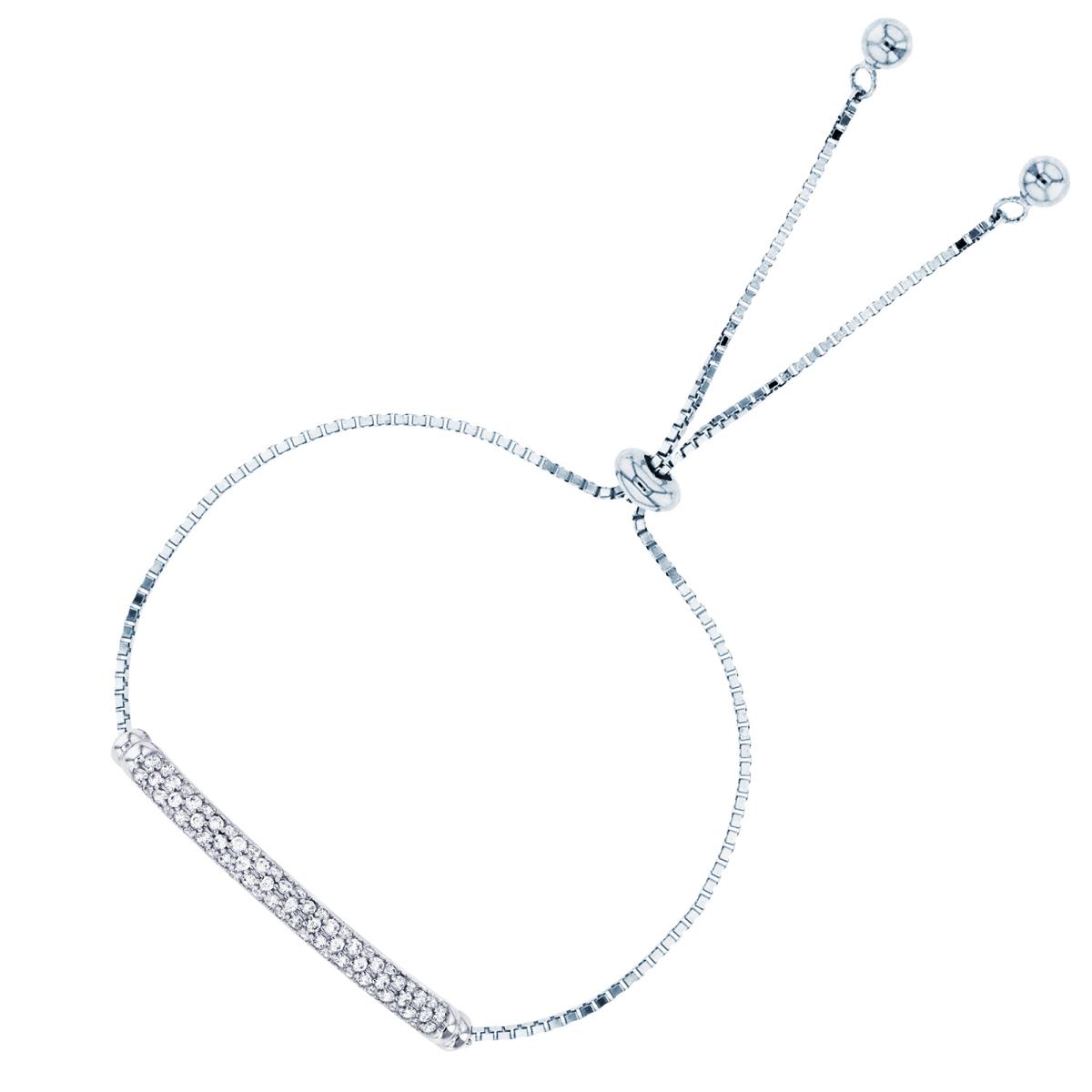 Sterling Silver Rhodium Rnd CZ Pave Bar Adjustable Bolo Bracelet