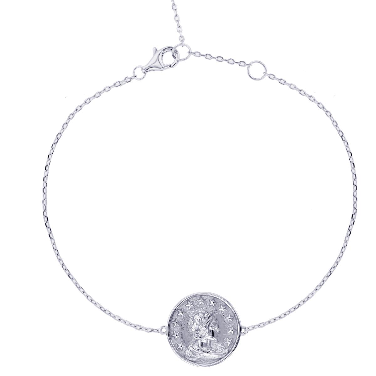 Sterling Silver Rhodium Woman Figure Coin 6.5"+1" Bracelet