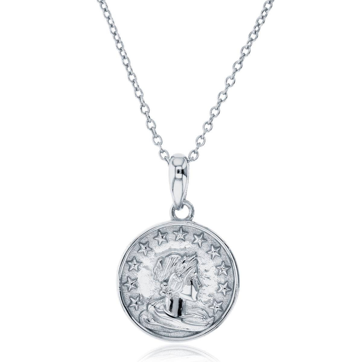 Sterling Silver Rhodium Woman Figure Coin 16"+2" Necklace