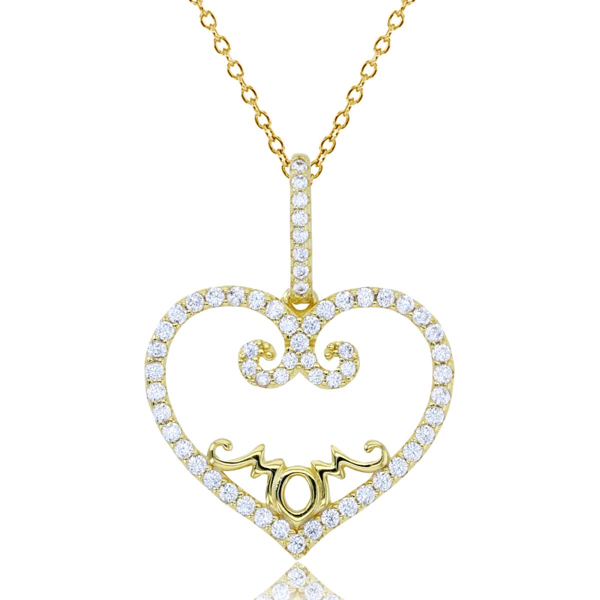 Sterling Silver+1Micron Yellow Gold Rnd White CZ Open Heart "Mom"18"Necklace