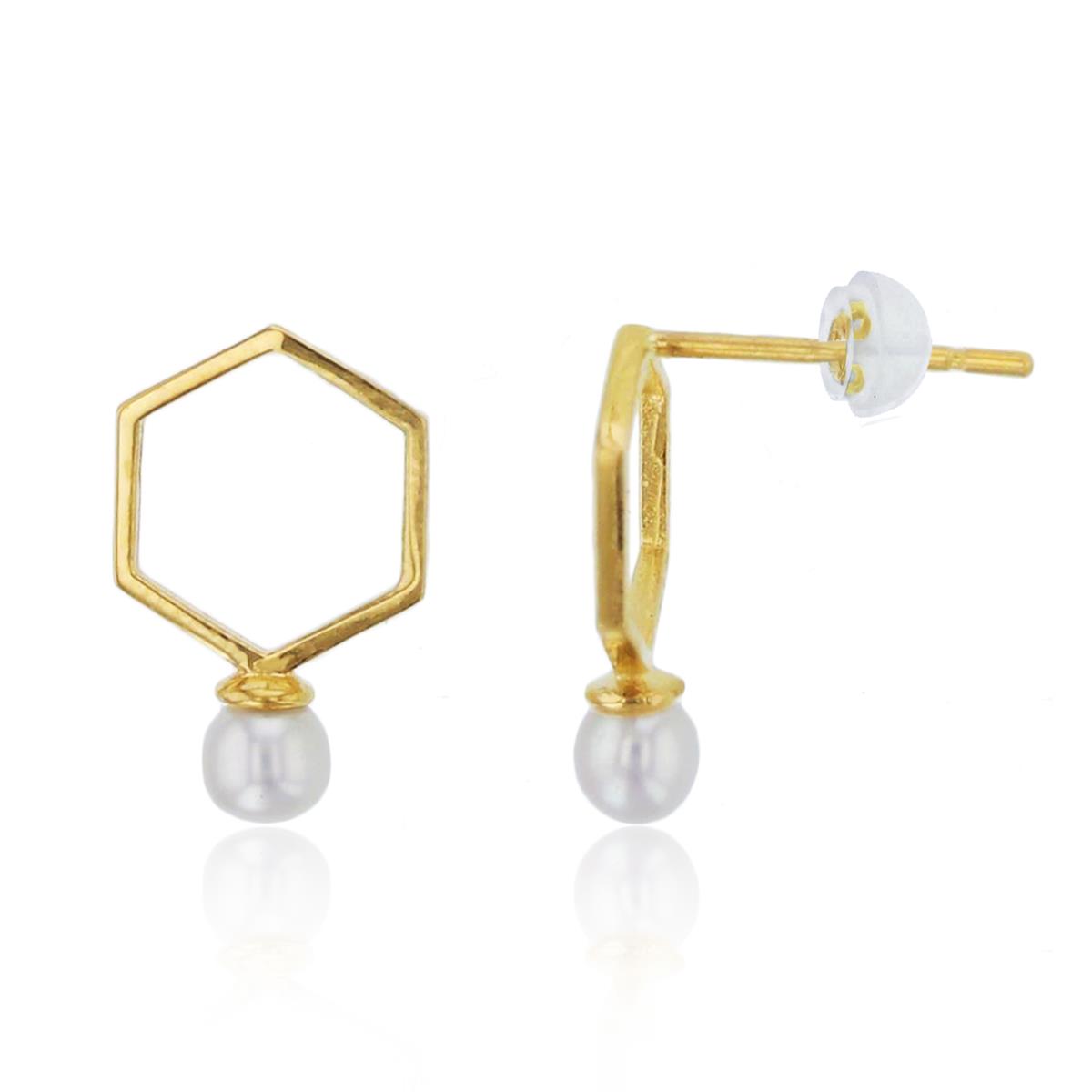 10K Yellow Gold 3mm Rnd Fresh Water Pearl Open Hexagon Studs with Silicon Backs