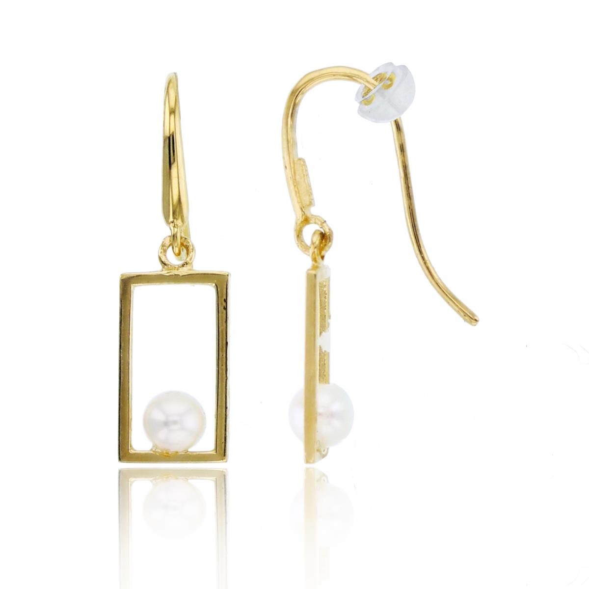 10K Yellow Gold 3mm Fresh Water Pearl in Open Rectangle Dangling Earring